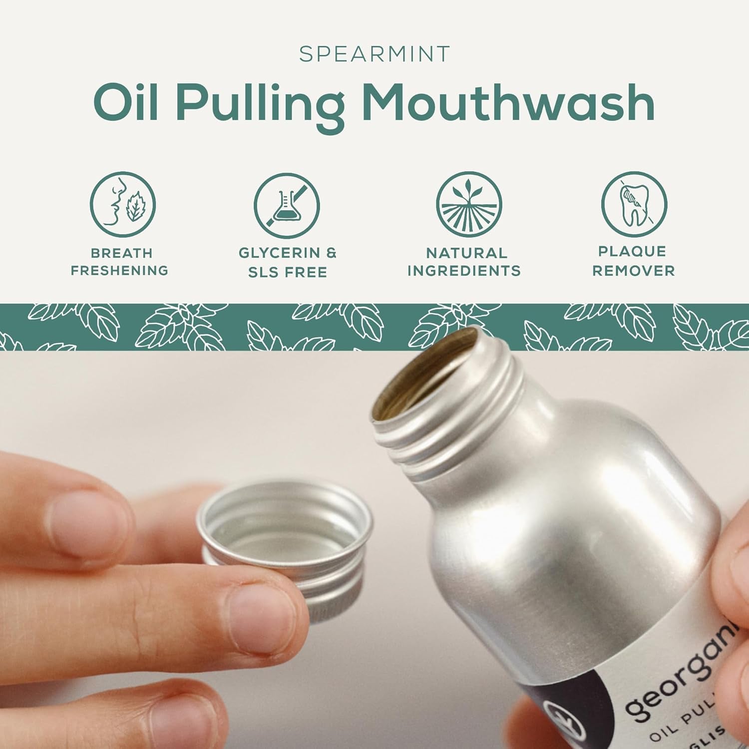 Whitening Oil Pulling Mouthwash - Spearmint - Plaque-Reducing Coconut Oil Blend - 100% Natural Ingredients - SLS, Glycerine & Fluoride Free - Cosmos Organic, Vegan & Cruelty-Free - 100Ml