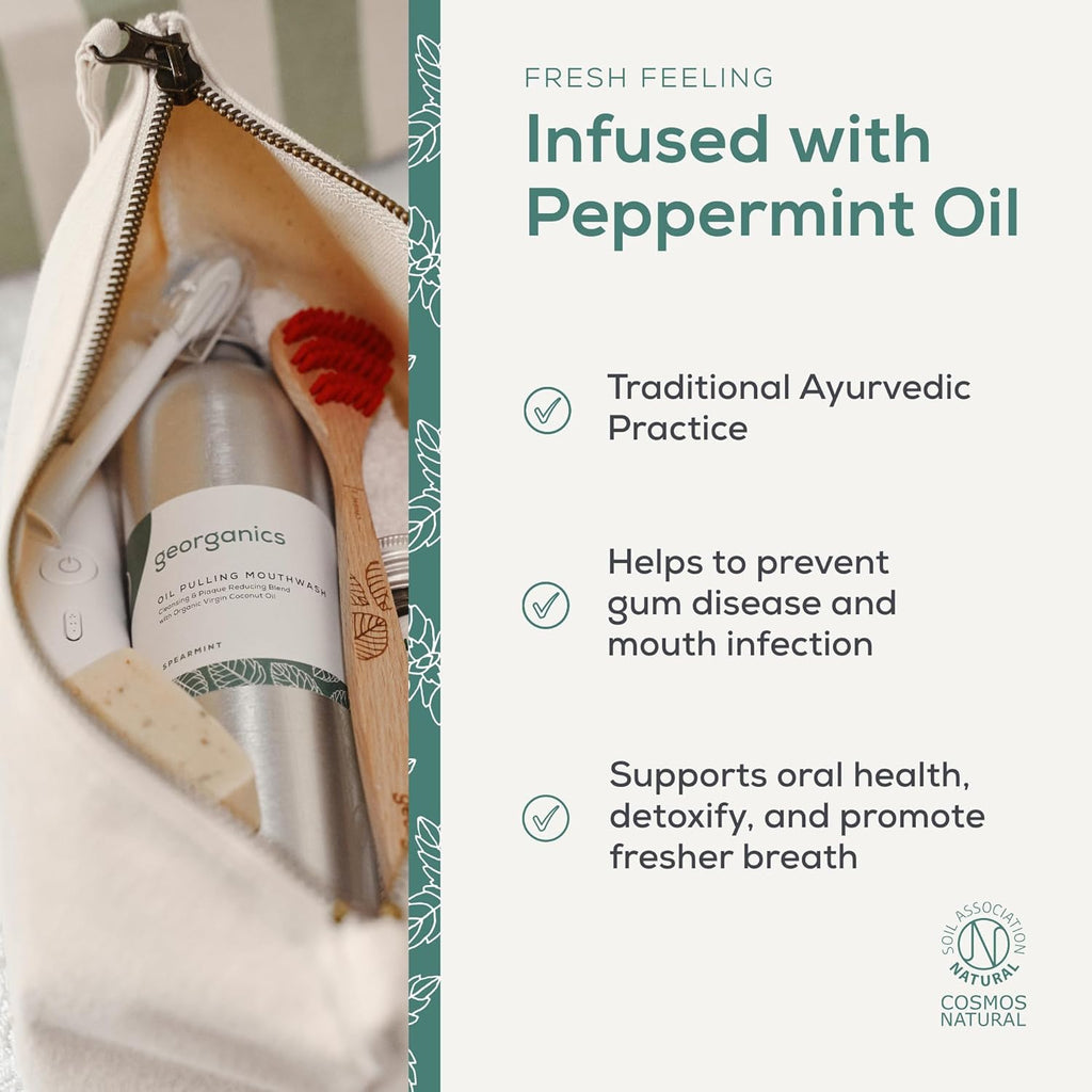 Whitening Oil Pulling Mouthwash - Spearmint - Plaque-Reducing Coconut Oil Blend - 100% Natural Ingredients - SLS, Glycerine & Fluoride Free - Cosmos Organic, Vegan & Cruelty-Free - 100Ml