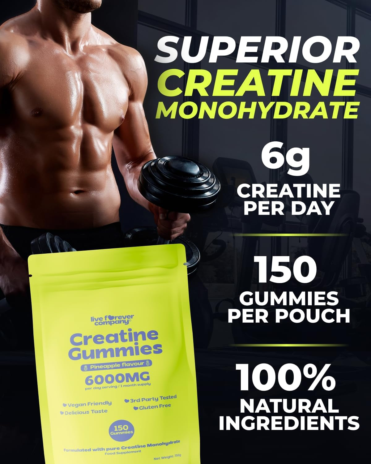 150 Creatine Monohydrate Gummies – 3Rd Party Tested 6000Mg High Strength Creatine Gummies for Muscle Growth & Brain Energy - Supplement for Men & Women - 1 Month Supply Pineapple Creatine Chews