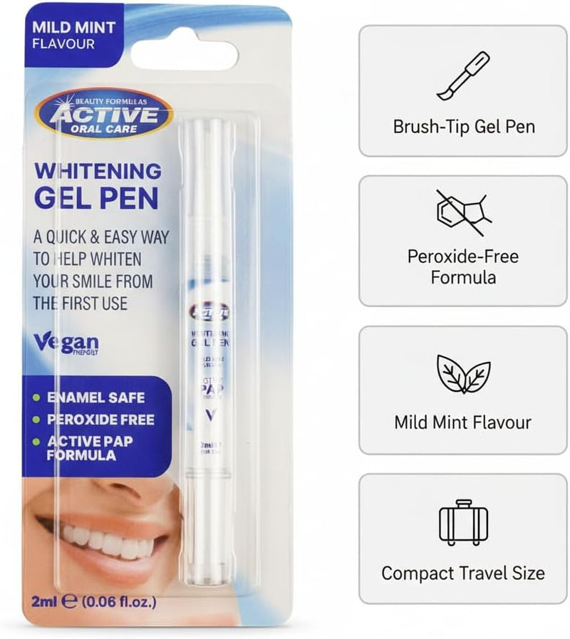 Beauty Formulas Teeth Care Gel Pen with Brush Tip for Everyday Oral Care, Mild Mint Flavour, Peroxide-Free, Enamel-Safe, Vegan Formula, Travel Size 2Ml, Pack of 2