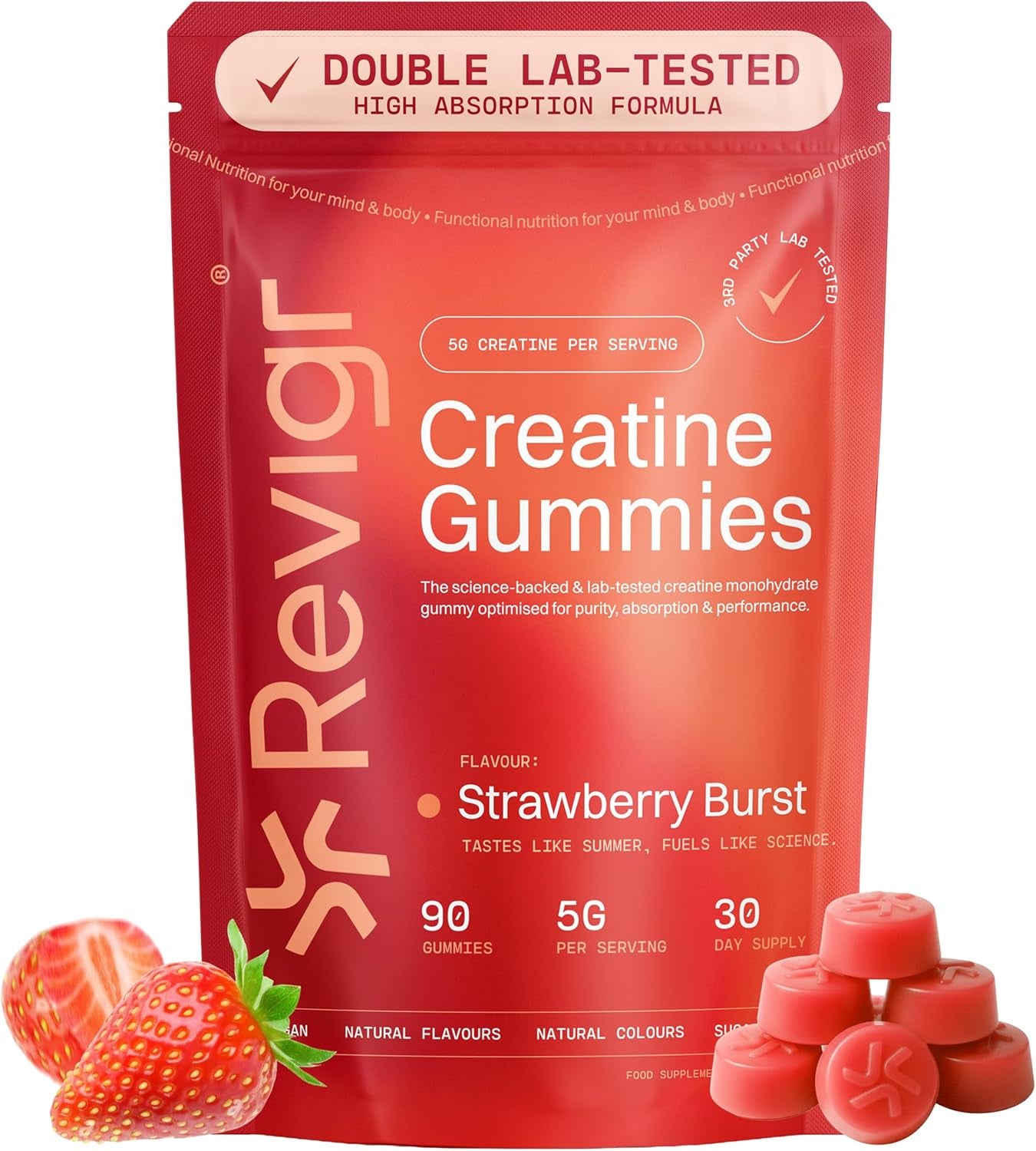 Creatine Monohydrate Gummies 5000Mg – 90 Vegan Sugar-Free Gummies, Lab Tested with COA, Pre-Workout & Muscle Recovery for Men & Women, 1 Month Supply