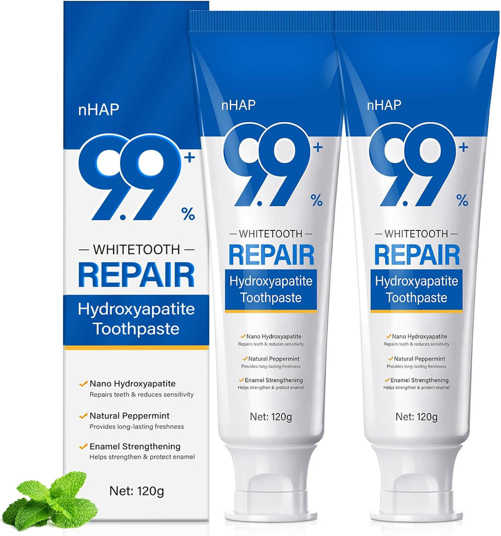 2PCS 9.9% Nano Hydroxyapatite Toothpaste, Fluoride Free Remineralizing & Enamel Repair Toothpaste, Gentle Whitening for Sensitive Teeth, Fresh Mint Flavor, Daily Oral Care & Tooth Strengthening