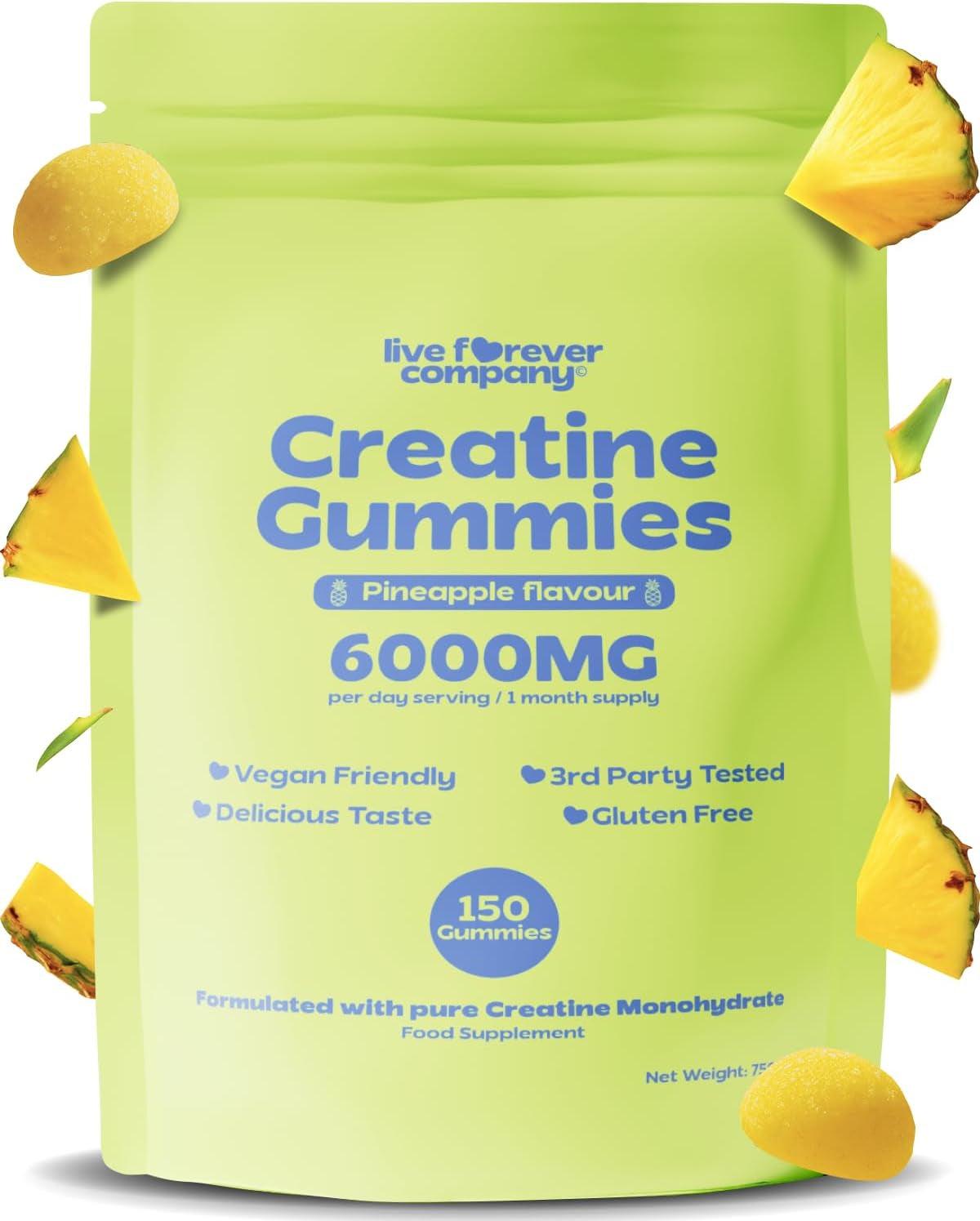 150 Creatine Monohydrate Gummies – 3Rd Party Tested 6000Mg High Strength Creatine Gummies for Muscle Growth & Brain Energy - Supplement for Men & Women - 1 Month Supply Pineapple Creatine Chews