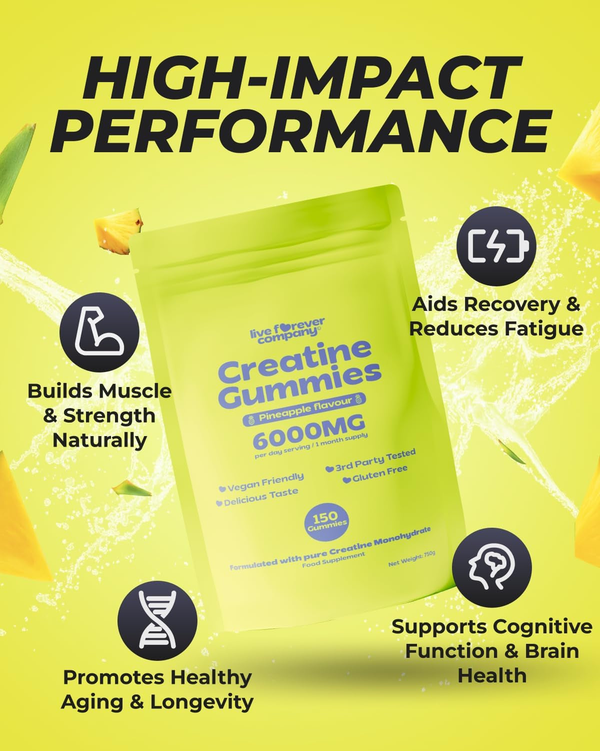 150 Creatine Monohydrate Gummies – 3Rd Party Tested 6000Mg High Strength Creatine Gummies for Muscle Growth & Brain Energy - Supplement for Men & Women - 1 Month Supply Pineapple Creatine Chews