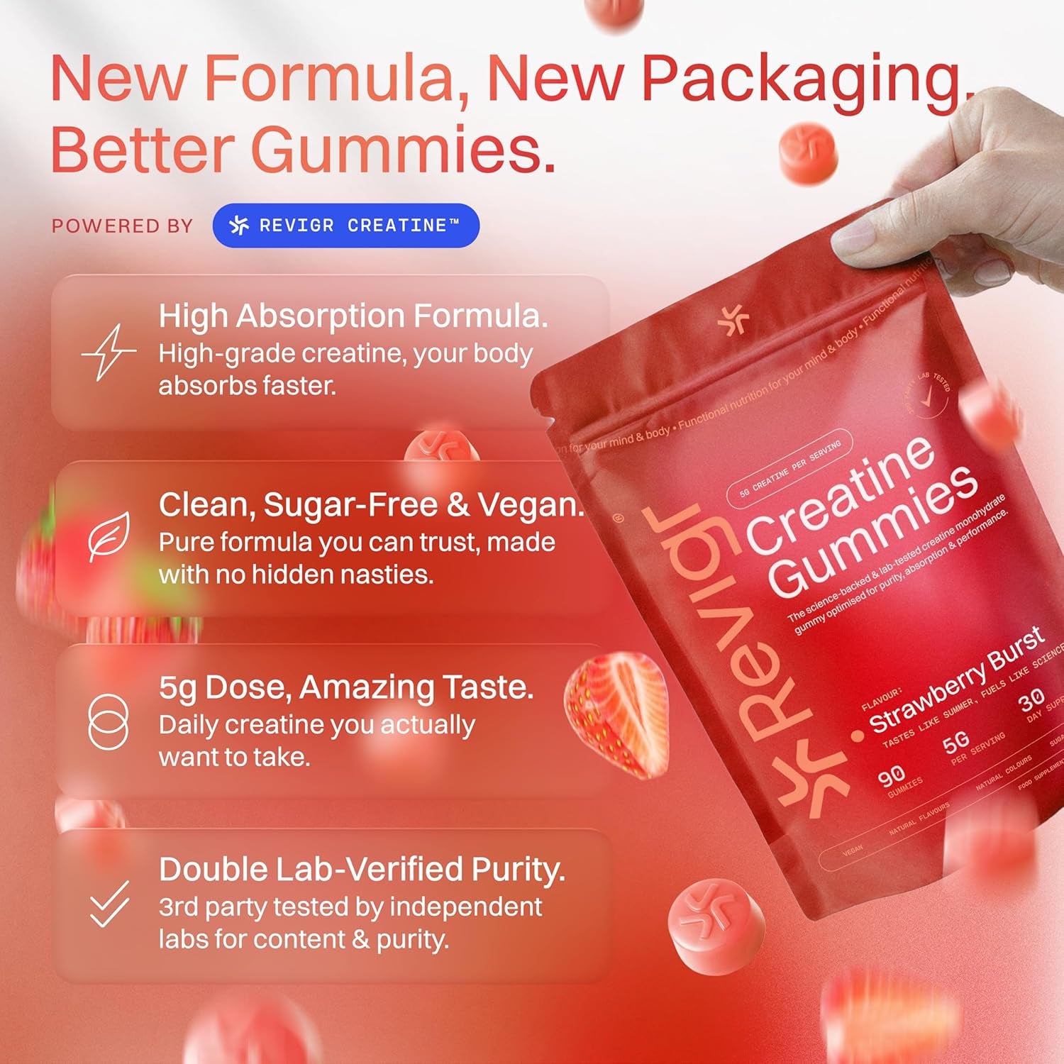 Creatine Monohydrate Gummies 5000Mg – 90 Vegan Sugar-Free Gummies, Lab Tested with COA, Pre-Workout & Muscle Recovery for Men & Women, 1 Month Supply